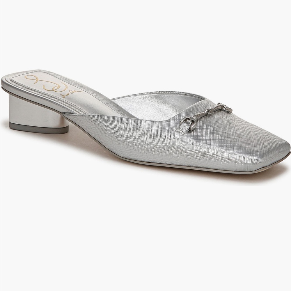 🩶 Sam Edelman Ollie Square-toe Silver Metallic Slip-On Mule Bit Accent
